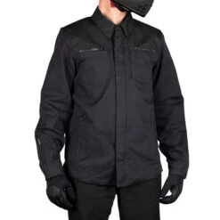 ICON Upstate Canvas CE Jacket -Motorcycle Helmet Store icon upstate canvas jacket black worn front 45486.1689751167