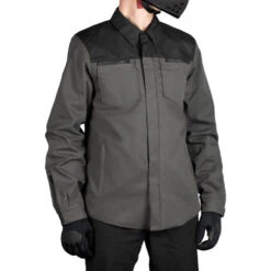 ICON Upstate Canvas CE Jacket -Motorcycle Helmet Store icon upstate canvas jacket grey worn front 47779.1689751138